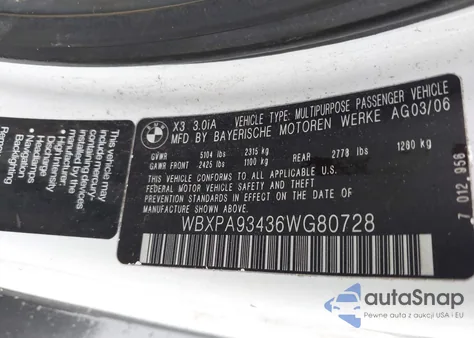 2006 BMW X3 3.0I from USA, damaged, VIN WBXPA93436WG80728